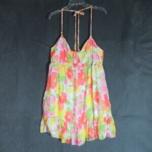 Aeropostale Dress XL White Tropical Floral Babydoll Strappy Halter Y2K Fairycore